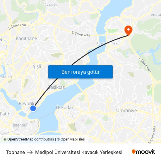 Tophane to Medipol Üniversitesi Kavacık Yerleşkesi map