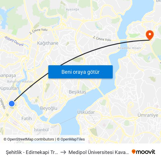 Şehitlik  - Edirnekapi Tramvay Yönü to Medipol Üniversitesi Kavacık Yerleşkesi map