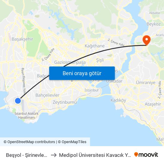 Beşyol - Şirinevler Yönü to Medipol Üniversitesi Kavacık Yerleşkesi map