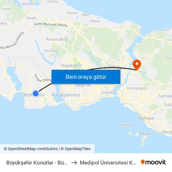 Büyükşehir Konutlar - Büyükçekmece Yönü to Medipol Üniversitesi Kavacık Yerleşkesi map