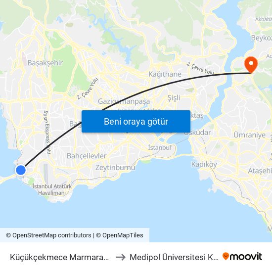 Küçükçekmece Marmaray - Peron (Bn2) Yönü to Medipol Üniversitesi Kavacık Yerleşkesi map