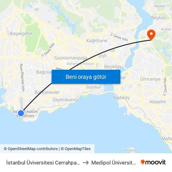 İstanbul Üviversitesi Cerrahpaşa Tip Fakültesi - Sondurak Yönü to Medipol Üniversitesi Kavacık Yerleşkesi map