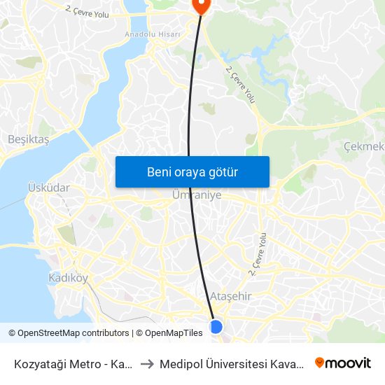 Kozyataği Metro - Kadiköy Yönü to Medipol Üniversitesi Kavacık Yerleşkesi map