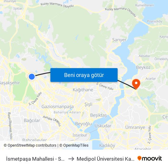 İsmetpaşa Mahallesi - Sultançiftligi Yönü to Medipol Üniversitesi Kavacık Yerleşkesi map