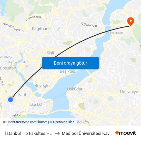 İstanbul Tip Fakültesi - Topkapi Yönü to Medipol Üniversitesi Kavacık Yerleşkesi map