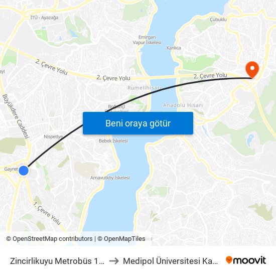 Zincirlikuyu Metrobüs 1 / Maslak Yönü to Medipol Üniversitesi Kavacık Yerleşkesi map