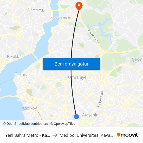 Yeni Sahra Metro - Kadiköy Yönü to Medipol Üniversitesi Kavacık Yerleşkesi map