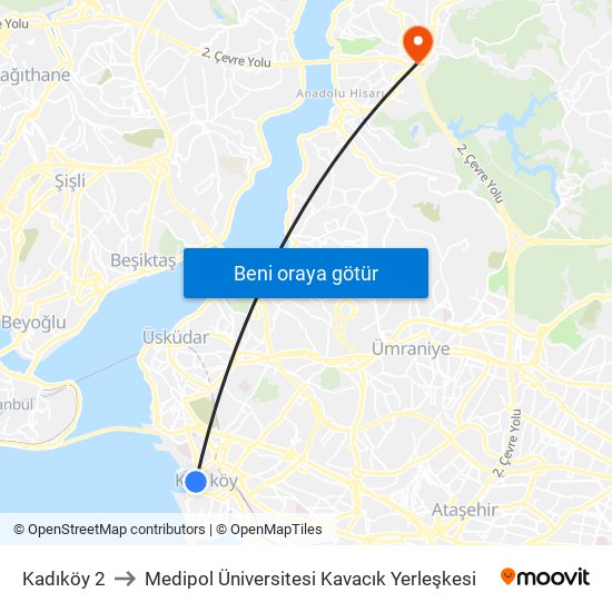 Kadıköy 2 to Medipol Üniversitesi Kavacık Yerleşkesi map