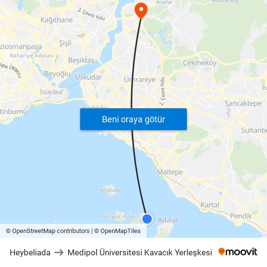 Heybeliada to Medipol Üniversitesi Kavacık Yerleşkesi map