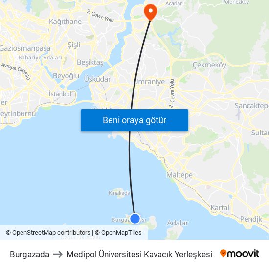 Burgazada to Medipol Üniversitesi Kavacık Yerleşkesi map