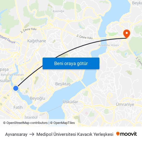Ayvansaray to Medipol Üniversitesi Kavacık Yerleşkesi map