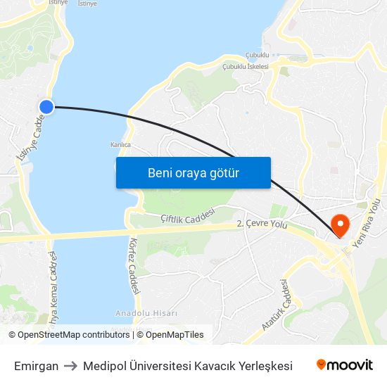Emirgan to Medipol Üniversitesi Kavacık Yerleşkesi map