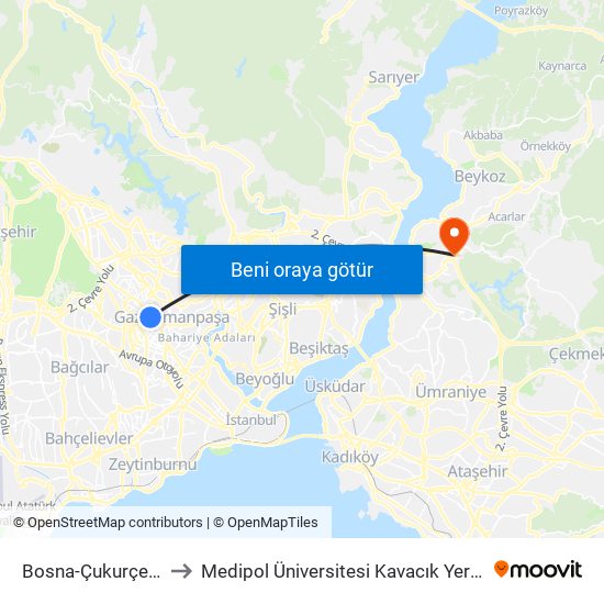 Bosna-Çukurçeşme to Medipol Üniversitesi Kavacık Yerleşkesi map