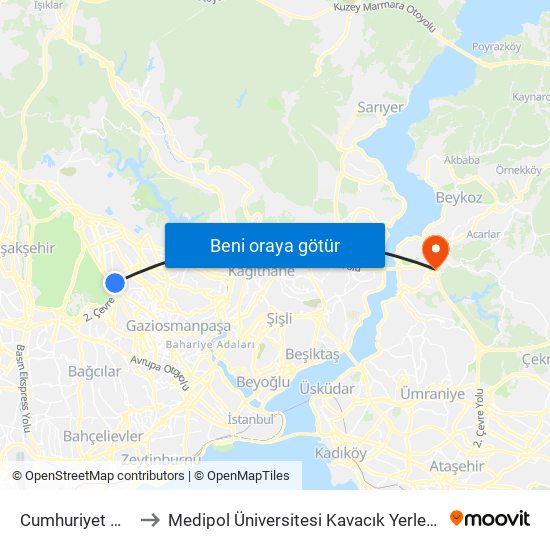 Cumhuriyet Mah to Medipol Üniversitesi Kavacık Yerleşkesi map