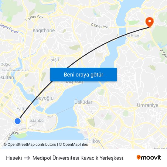 Haseki to Medipol Üniversitesi Kavacık Yerleşkesi map
