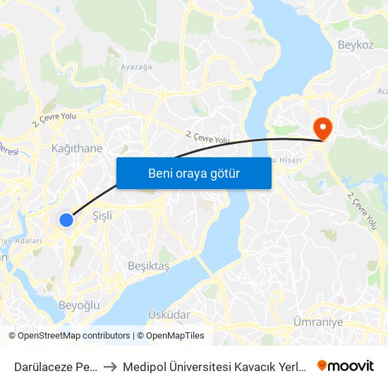 Darülaceze Perpa to Medipol Üniversitesi Kavacık Yerleşkesi map