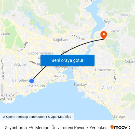 Zeytinburnu to Medipol Üniversitesi Kavacık Yerleşkesi map