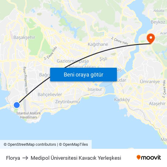 Florya to Medipol Üniversitesi Kavacık Yerleşkesi map