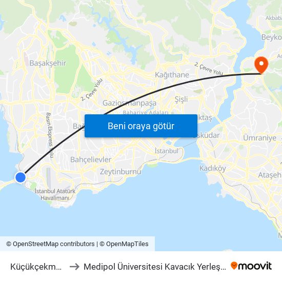 Küçükçekmece to Medipol Üniversitesi Kavacık Yerleşkesi map