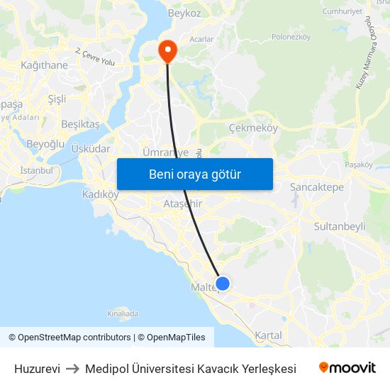 Huzurevi to Medipol Üniversitesi Kavacık Yerleşkesi map