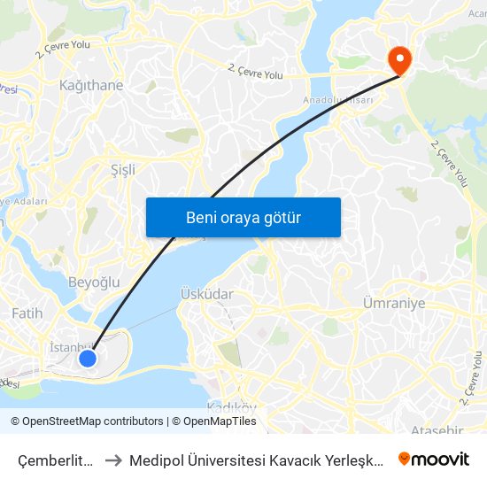 Çemberlitaş to Medipol Üniversitesi Kavacık Yerleşkesi map