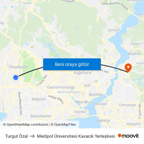 Turgut Özal to Medipol Üniversitesi Kavacık Yerleşkesi map