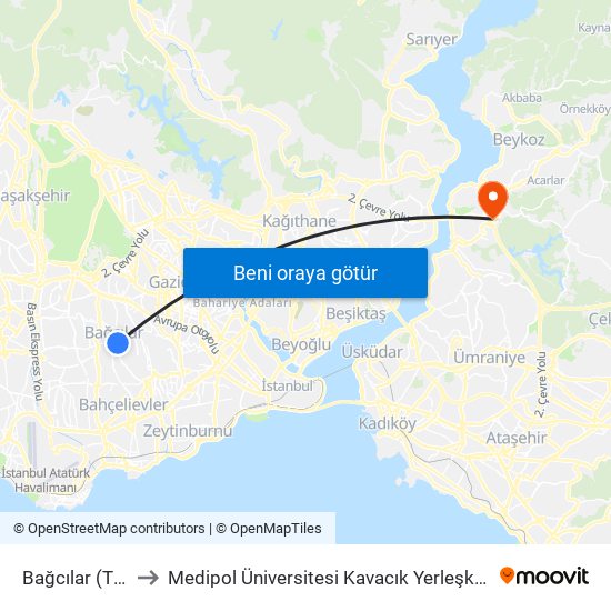 Bağcılar (T1) to Medipol Üniversitesi Kavacık Yerleşkesi map
