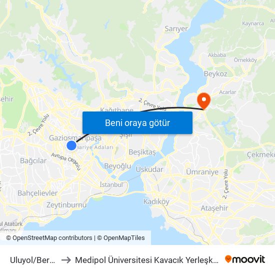 Uluyol/Bereç to Medipol Üniversitesi Kavacık Yerleşkesi map