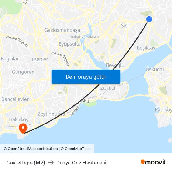 Gayrettepe (M2) to Dünya Göz Hastanesi map