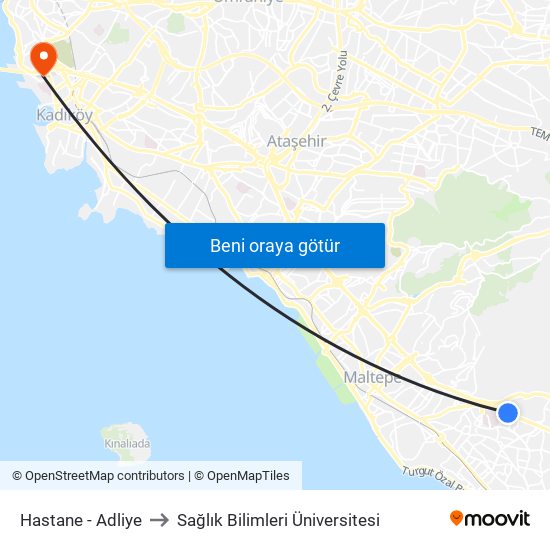 Hastane - Adliye to Sağlık Bilimleri Üniversitesi map