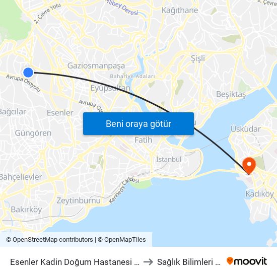 Esenler Kadin Doğum Hastanesi - Esenler Metro Yönü to Sağlık Bilimleri Üniversitesi map