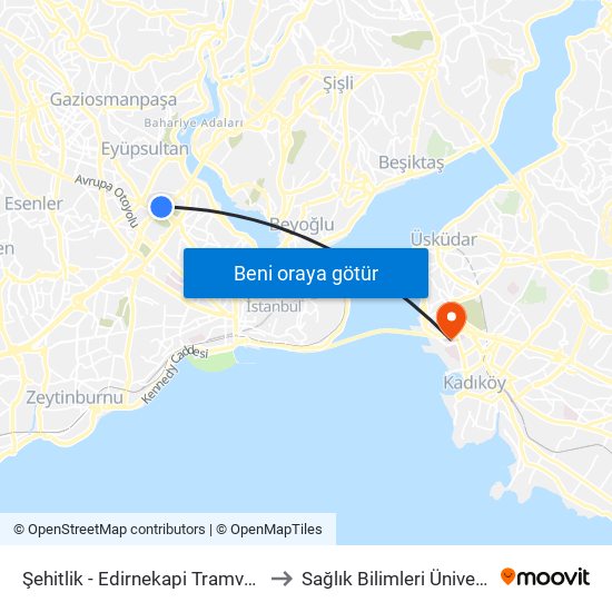 Şehitlik  - Edirnekapi Tramvay Yönü to Sağlık Bilimleri Üniversitesi map