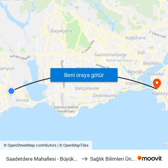 Saadetdere Mahallesi - Büyükçekmece Yönü to Sağlık Bilimleri Üniversitesi map