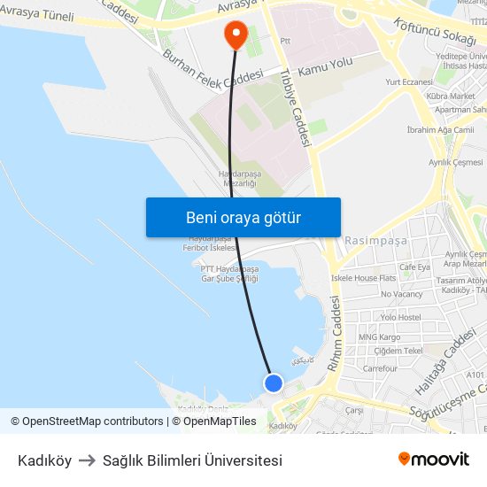 Kadıköy to Sağlık Bilimleri Üniversitesi map