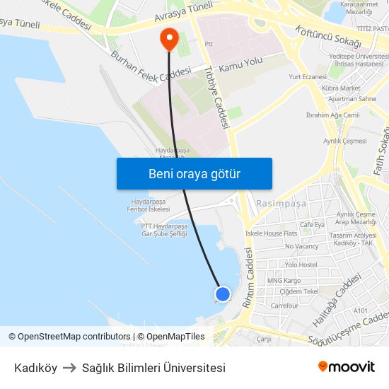Kadıköy to Sağlık Bilimleri Üniversitesi map