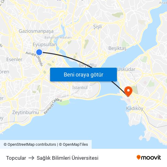 Topcular to Sağlık Bilimleri Üniversitesi map