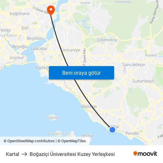 Kartal to Boğaziçi Üniversitesi Kuzey Yerleşkesi map