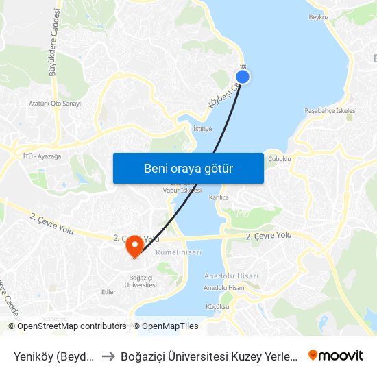 Yeniköy (Beyden) to Boğaziçi Üniversitesi Kuzey Yerleşkesi map
