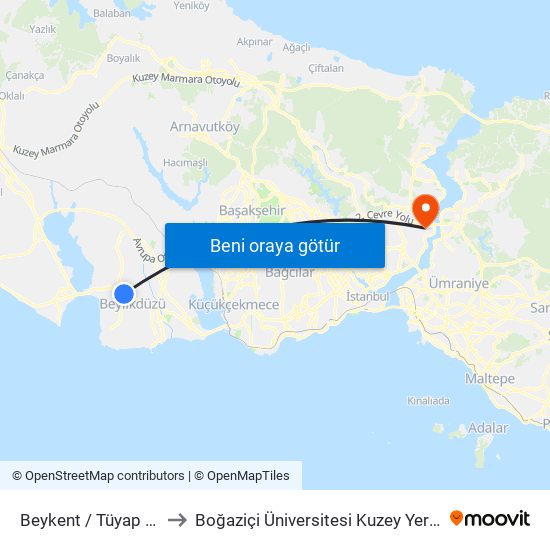Beykent / Tüyap Yönü to Boğaziçi Üniversitesi Kuzey Yerleşkesi map