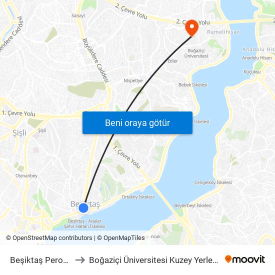 Beşiktaş Peronlar to Boğaziçi Üniversitesi Kuzey Yerleşkesi map