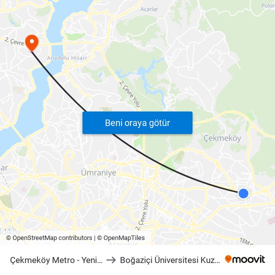 Çekmeköy Metro - Yenidogan Yönü to Boğaziçi Üniversitesi Kuzey Yerleşkesi map