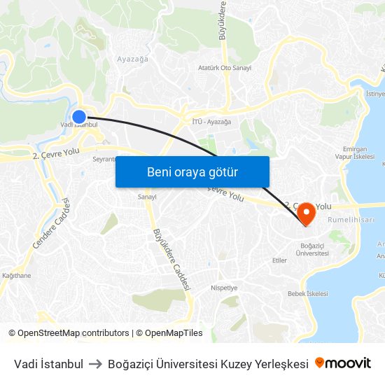 Vadi İstanbul to Boğaziçi Üniversitesi Kuzey Yerleşkesi map