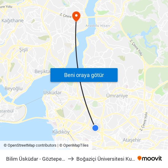 Bilim Üsküdar - Göztepe Köprüsü Yönü to Boğaziçi Üniversitesi Kuzey Yerleşkesi map