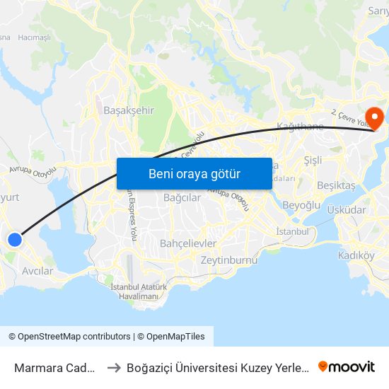 Marmara Caddesi to Boğaziçi Üniversitesi Kuzey Yerleşkesi map