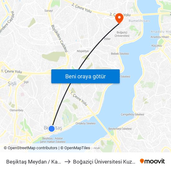 Beşiktaş Meydan / Kabataş Yönü to Boğaziçi Üniversitesi Kuzey Yerleşkesi map
