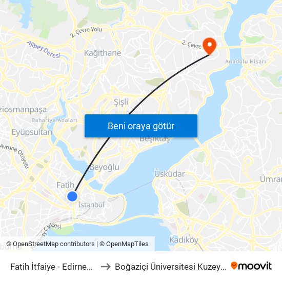 Fatih İtfaiye - Edirnekapi Yönü to Boğaziçi Üniversitesi Kuzey Yerleşkesi map