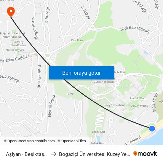 Aşiyan - Beşiktaş Yönü to Boğaziçi Üniversitesi Kuzey Yerleşkesi map