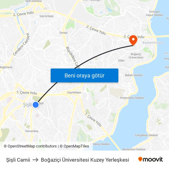 Şişli Camii to Boğaziçi Üniversitesi Kuzey Yerleşkesi map