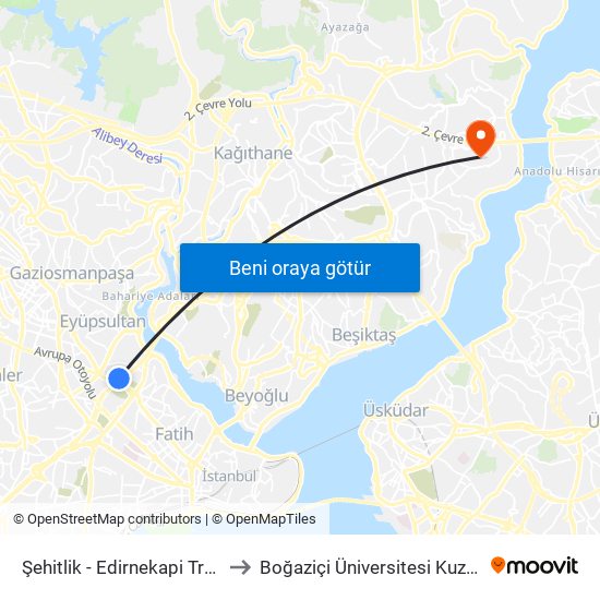 Şehitlik  - Edirnekapi Tramvay Yönü to Boğaziçi Üniversitesi Kuzey Yerleşkesi map