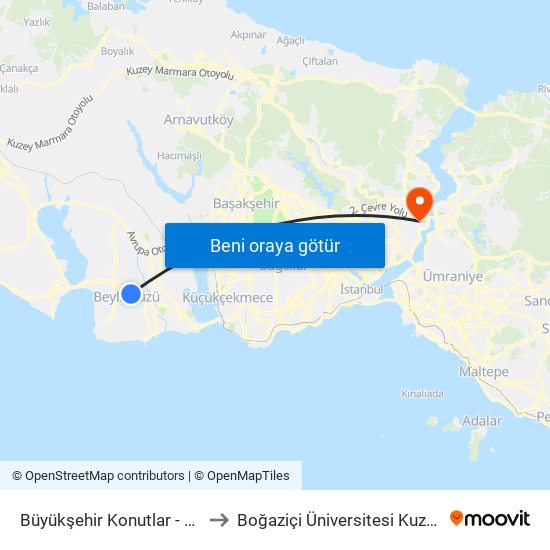Büyükşehir Konutlar - Avcilar Yönü to Boğaziçi Üniversitesi Kuzey Yerleşkesi map